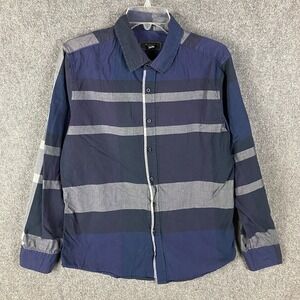 21 Men Button Up Shirt Men's Large Fitted Long Sleeve Striped Navy Blue Cotton L